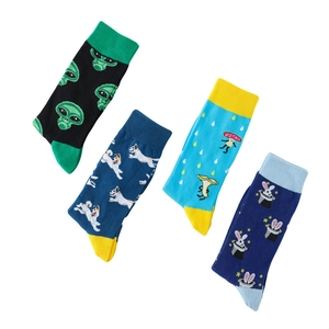 Detail showing assorted cartoon knit mid-calf socks with alien, dog, mushroom, and rabbit patterns