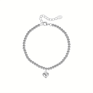 Elegante pulsera de cuentas de plata de ley 925 con colgante de corazón y cierre