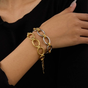 Modern 18K gold and silver bicolor chunky stainless steel chain bracelet for women