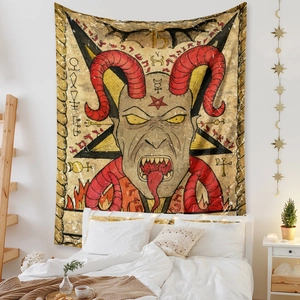 Detail of occult tapestry with red horns, pentagram symbols, and mystical characters
