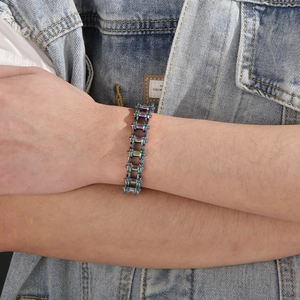 Rainbow metal bicycle chain bracelet for men with edgy punk hip-hop motorcycle style