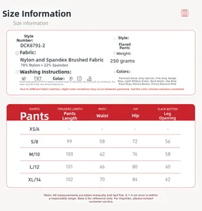 Guide des tailles pour ensemble de yoga évasé avec mesures S-XL et détails du matériau