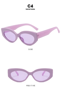 Detailed side and front view of purple cat eye sunglasses with translucent frames