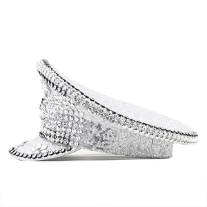 Sparkly silver sequin captain hat for women with rhinestones and bow for party and stage