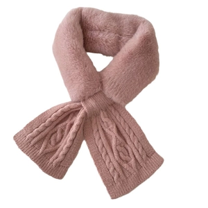 Pink plush and cable knit scarf for women with warm faux fur and textured design