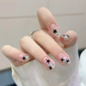 Press On Nails Nude Pink Short Square With Black Star Pattern And Silver Glitter Glossy Fashion For Women
