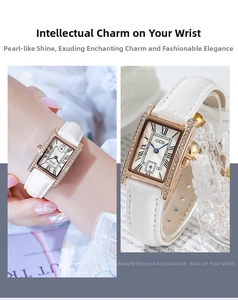 Detail view of a vintage square quartz watch with a white leather strap and rose gold case