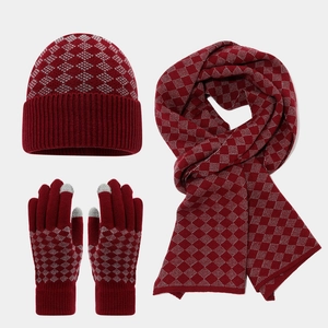 Winter set with knitted beanie, scarf and touchscreen gloves in burgundy argyle pattern
