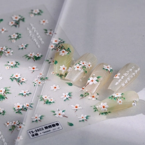 3D embossed floral nail stickers TS-3802 featuring white jasmine and green leaf designs