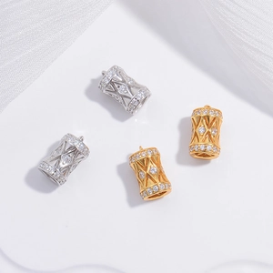 Perla a Cilindro Cava in Argento Sterling 925 Con Zirconia Intarsiata Motivo a Rombi Ciondolo Fai da Te per Braccialetti Collane