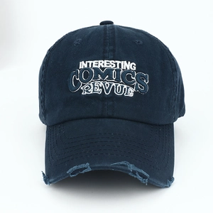 Vintage washed navy blue cotton baseball cap with white 3D embroidery and distressed brim