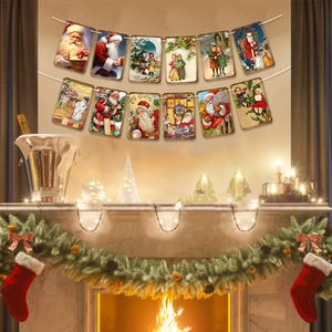 Bannière de Noël vintage avec 11 cartes rétro accrochées au-dessus d'une cheminée