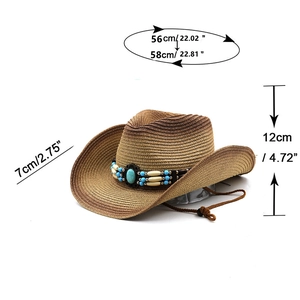 Detail view of Western cowboy straw hat with turquoise beads and size dimensions