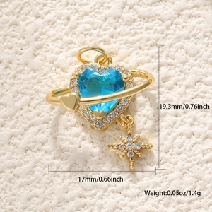 Detail view of heart-shaped blue stone pendant with dimensions 19.3mm by 17mm