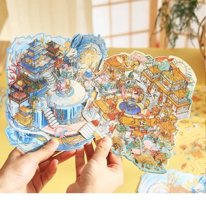 Macro view of 3D mythical landscape stickers featuring oriental dragon and palace designs