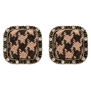 Vintage houndstooth square stud earrings with crystal halo and retro gold-tone frames