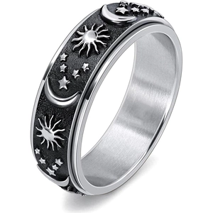 Draaibare roestvrijstalen ring met zon maan en ster motieven in zilver en zwart design