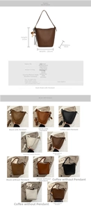 Detailed size chart and multi-color matrix of the PU leather vintage bucket bag