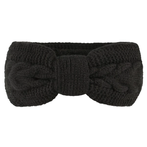 Detailed view of black cable-knit winter headband with elegant bow knot texture