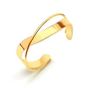 Minimalist 18K gold plated stainless steel crisscross open cuff bracelet on white background