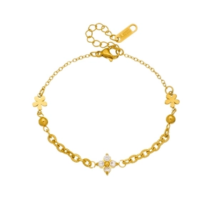 Exquisite gold stainless steel bracelet with clover flower charms and cubic zirconia