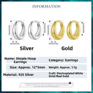 Detailed size specifications for S925 sterling silver hoop earrings in gold and silver