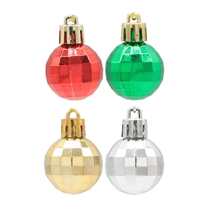 Set of four diamond-shaped Christmas balls in red, green, gold, and silver finishes