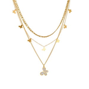 Three-layer gold-plated stainless steel necklace with shell butterfly pendants on white background
