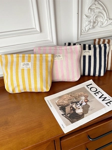 Striped Canvas Cosmetic Bag Large Capacity Portable Toiletry Organizer Pouch Travel Makeup Handbag For Women Daily Use