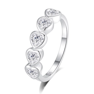 Elegant S925 sterling silver ring with five heart-shaped zircons shown at a 45-degree angle