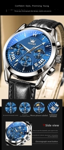 Detailed view of stainless steel chronograph watch with blue dial and leather strap