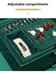 Detail of dark green velvet jewelry box with slots for rings and earrings