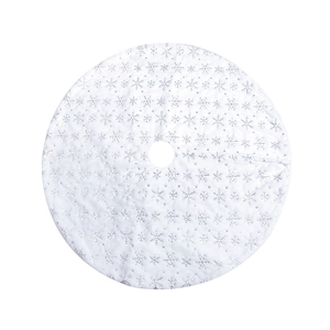 Détail du tapis de sapin de Noël blanc en peluche avec motifs flocons de neige pailletés argent