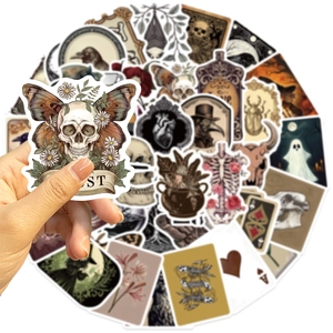 Pack of 50 vintage gothic stickers with skull and butterfly designs for laptops and guitars