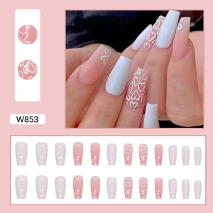 White and pink heart press-on ballet nails with W853 design for women in long length