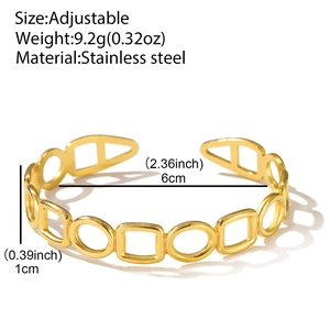 Detail view of adjustable gold stainless steel bracelet with dimensions and size specs
