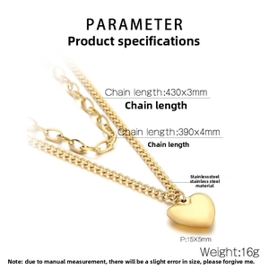 Detailed specs of double-layer gold heart necklace in durable stainless steel
