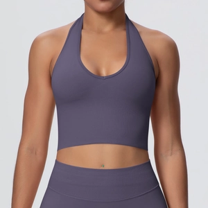 Deep purple halter neck sports bra and high waist leggings set for yoga and fitness training