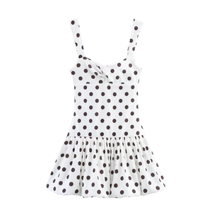 Robe Mini À Pois Pour Femmes Élégante Col En V Sans Manches Taille Haute Ourlet Ballon Plissé Polyester