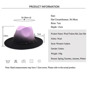 Size chart for gradient wool fedora hat featuring 56-58cm circumference and 7cm wide brim