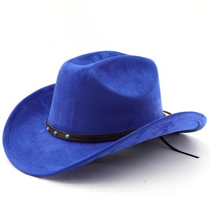 Royal blue faux suede western cowboy hat with turquoise beaded leather band decoration