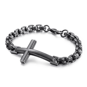 Bracelet pour homme en acier titane avec grand pendentif croix et maillons carrés