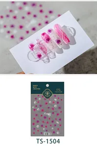 Detail of TS-1504 nail stickers featuring pink semi-transparent roses and artistic lines