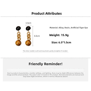 Detail view of resin chain earrings with faux tiger eye beads and s925 silver pins