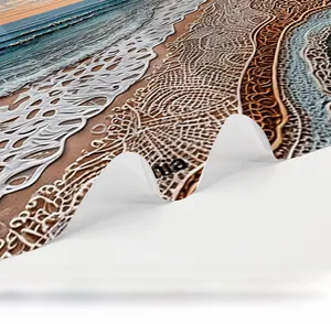 Detailed view of the reinforced sewn bottom hem on abstract beach ocean wave shower curtain
