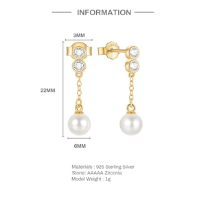 Detail view of S925 sterling silver pearl earrings with dimensions and zircon materials