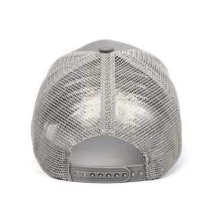 Rear view of gray mesh trucker hat showing breathable mesh and adjustable snapback closure