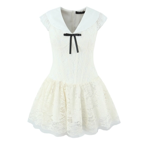 French style cream lace V-neck dress with sailor collar and black bow tie detail