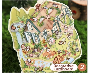 Close-up of 3D scenery paper with European cottage and cartoon animals on moss