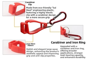 Detail of red POM tarp clip with interlocking teeth, wavy grip and D-ring carabiner